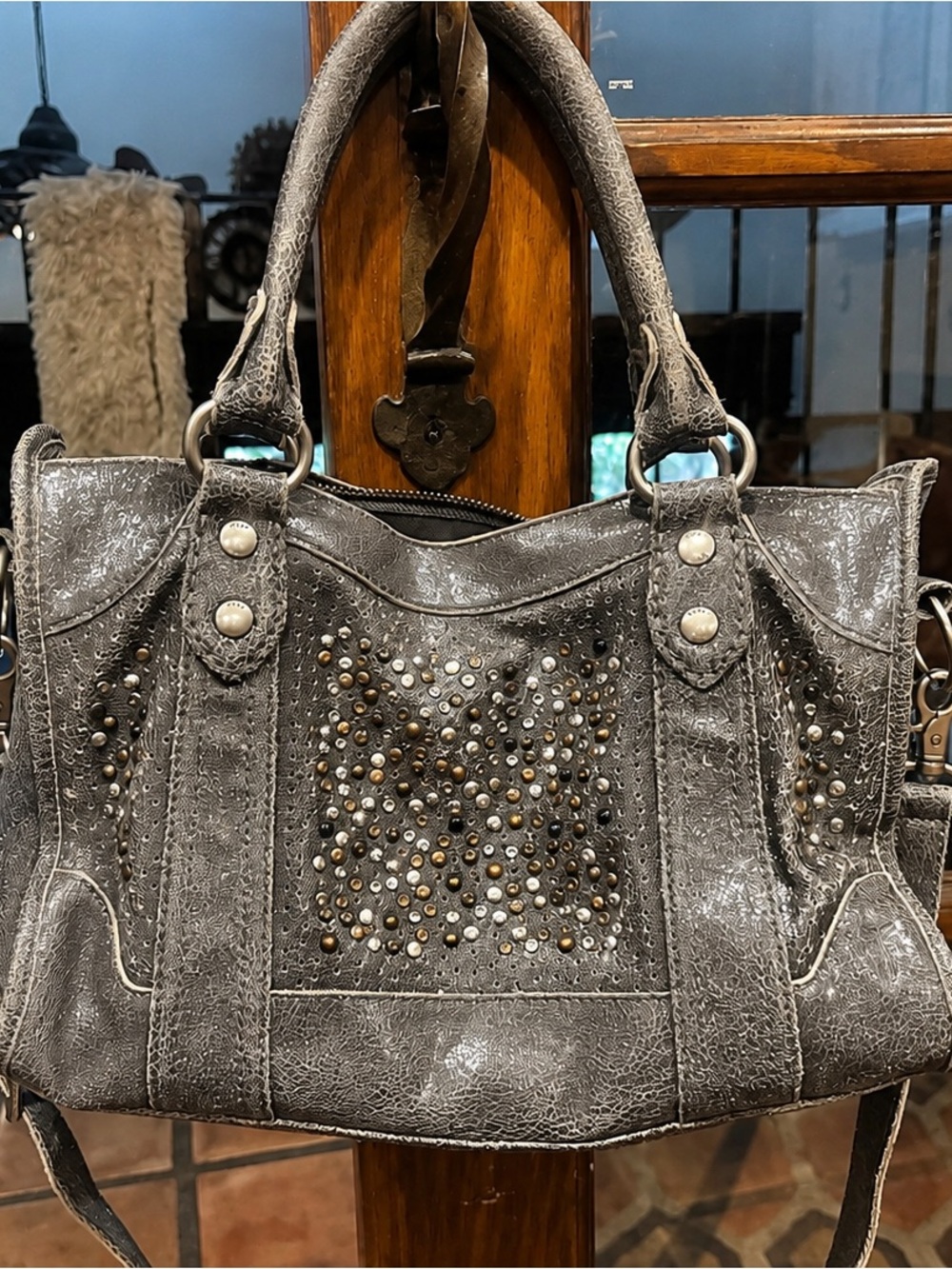 Frye Gray Studded Leather Satchel with Top Handles